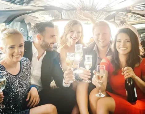 Group of friends celebrating inside luxury party limousine with champagne, highlighting premium limo service for events, nightlife, and special occasions.