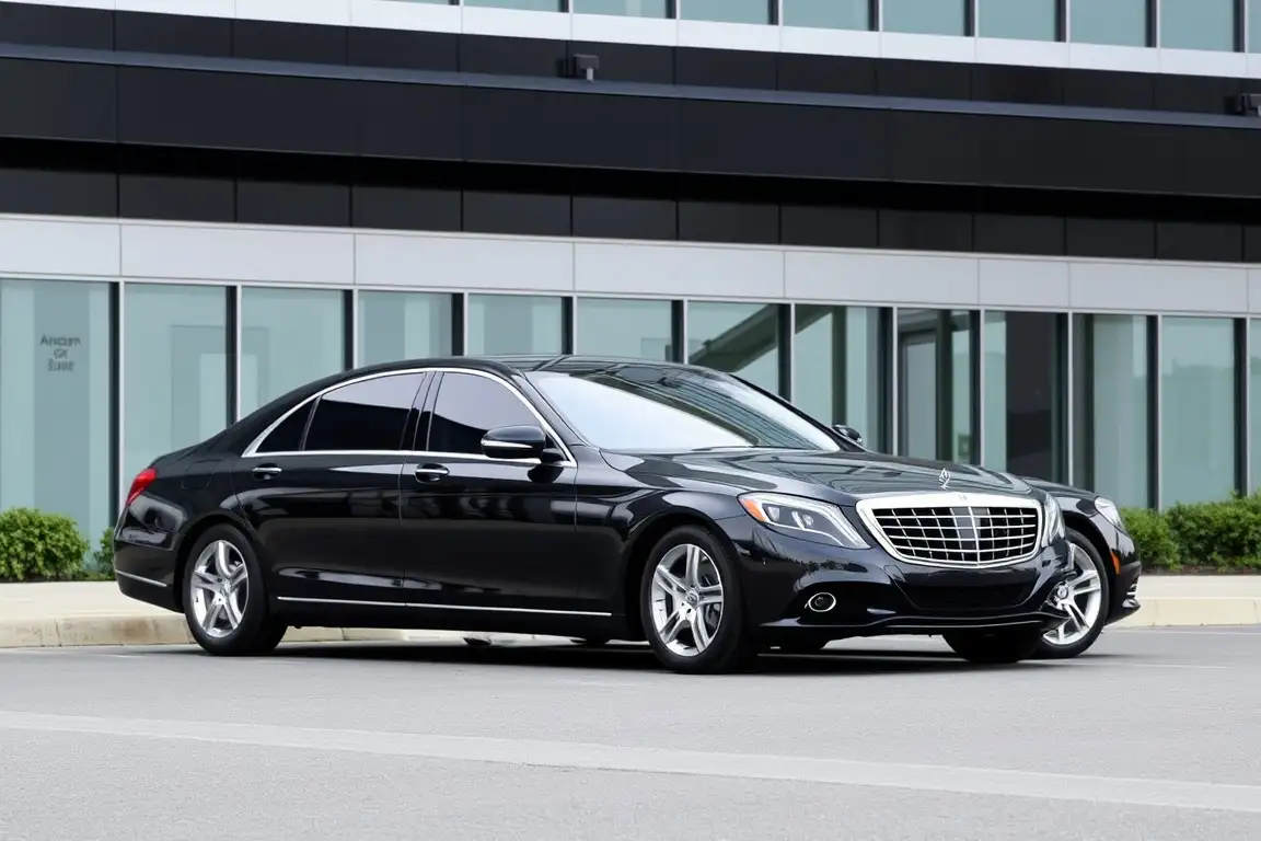 Luxury black Mercedes sedan parked outside a corporate office, used for professional executive driver services across the USA