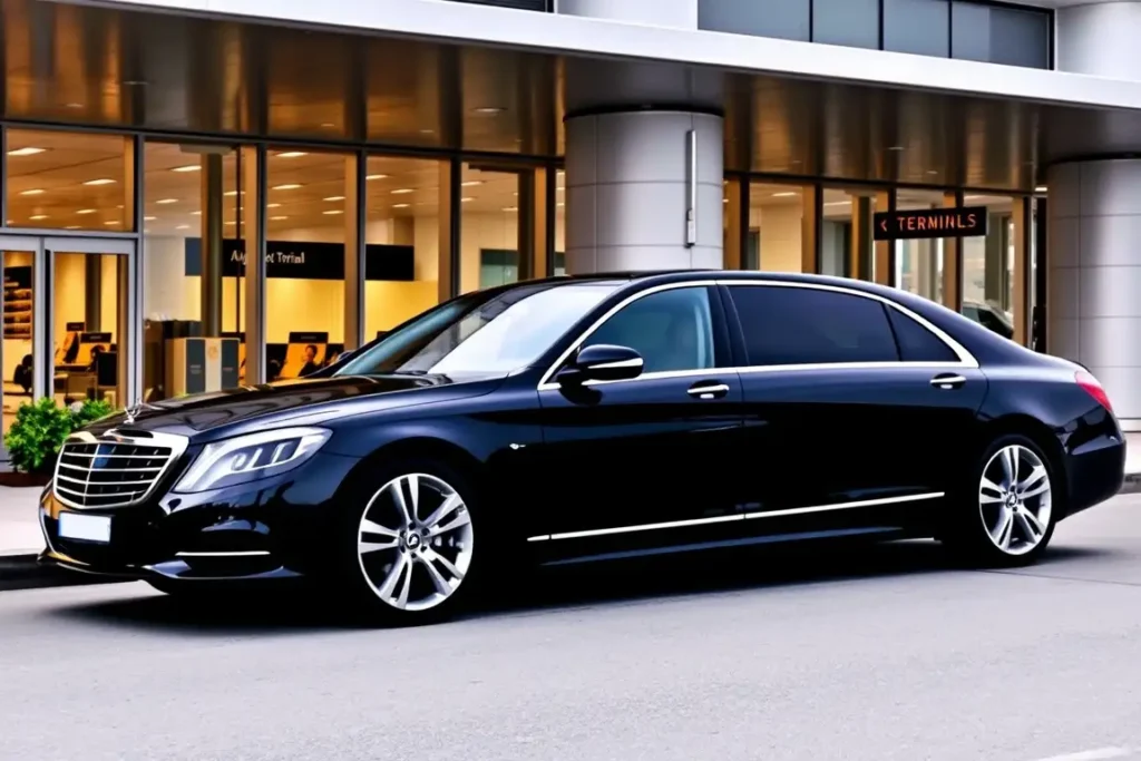 Luxury black executive sedan parked outside airport terminal, offering premium executive driver services for business travelers in the USA