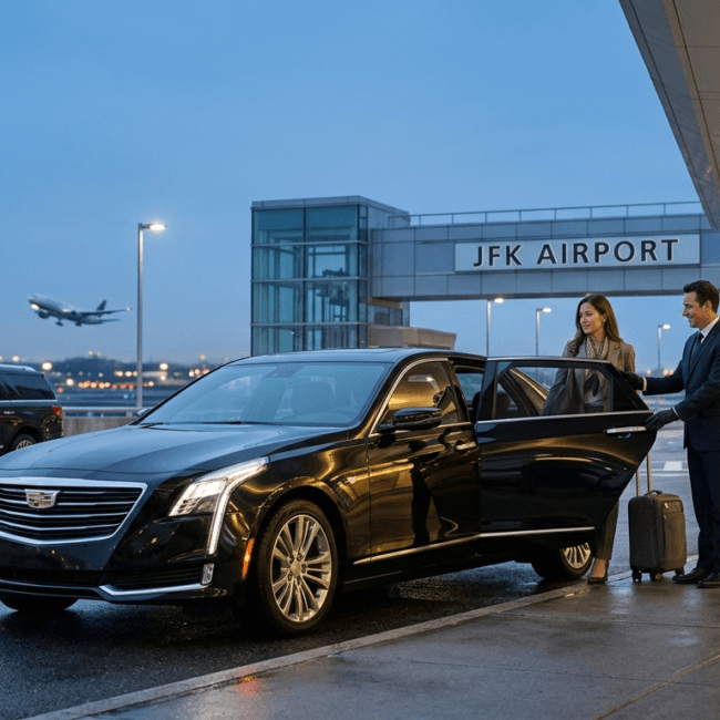 At a bustling airport curbside at dusk, a professional chauffeur in a dark suit attentively holds the rear passenger door open for a well-dressed woman. She is about to enter a sleek black Cadillac CT6 sedan, which is parked on the wet pavement alongside a modern terminal. Large, clear signs on the terminal facade identify the location as 'JFK AIRPORT' and 'ARRIVALS', with an airplane taking off in the far background.