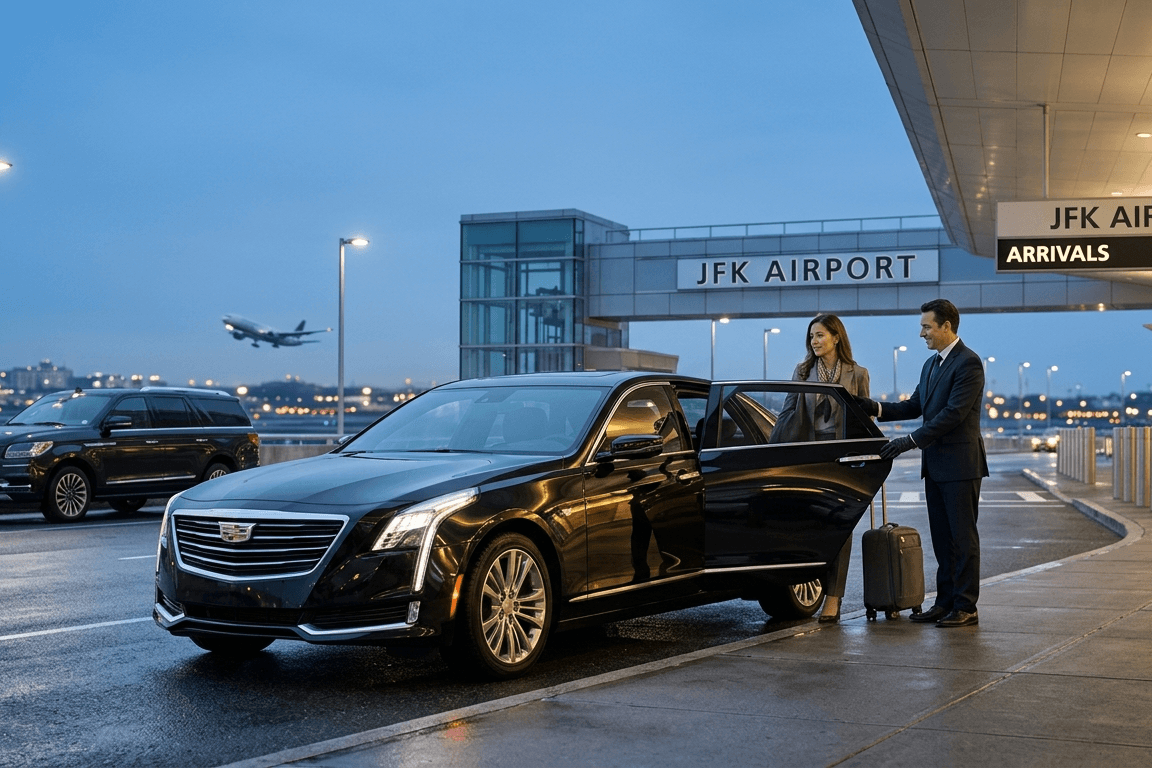 At a bustling airport curbside at dusk, a professional chauffeur in a dark suit attentively holds the rear passenger door open for a well-dressed woman. She is about to enter a sleek black Cadillac CT6 sedan, which is parked on the wet pavement alongside a modern terminal. Large, clear signs on the terminal facade identify the location as 'JFK AIRPORT' and 'ARRIVALS', with an airplane taking off in the far background.