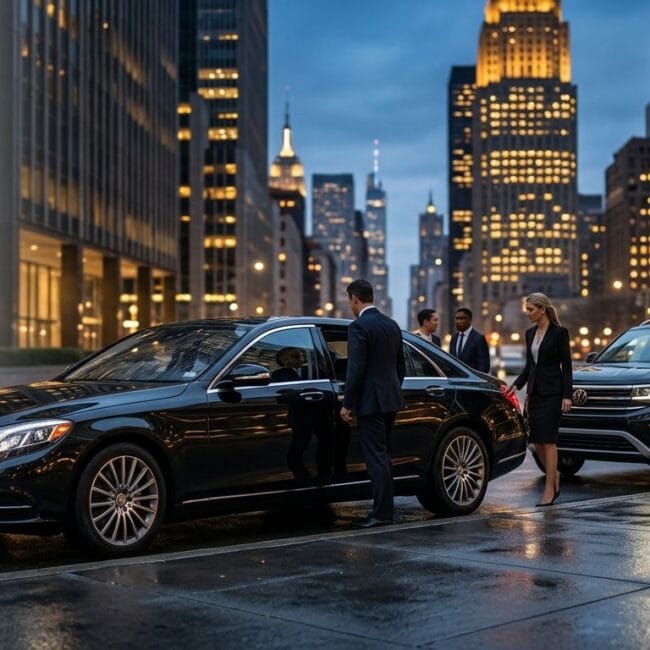A luxurious black sedan and an SUV are parked on a wet street in Midtown Manhattan at dusk, against a backdrop of illuminated skyscrapers. Business professionals in elegant attire are entering the vehicles, and the image has a soft, glowing gradient on the left side for text overlay.