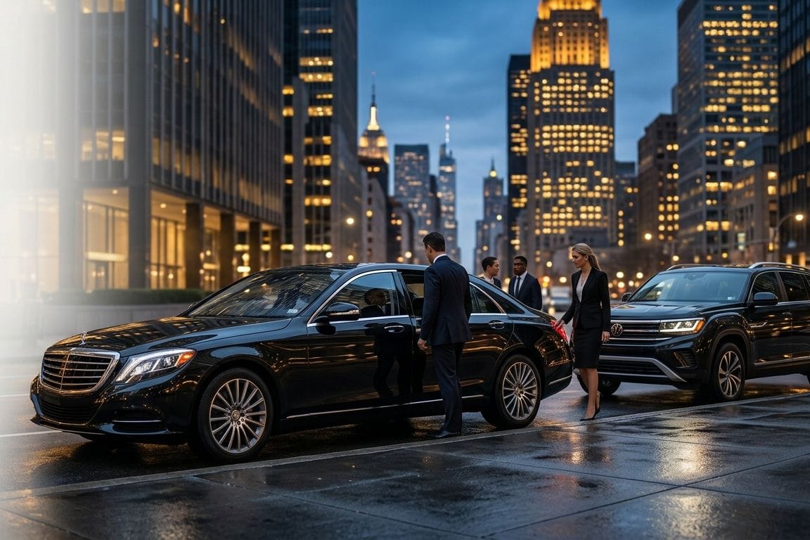 A luxurious black sedan and an SUV are parked on a wet street in Midtown Manhattan at dusk, against a backdrop of illuminated skyscrapers. Business professionals in elegant attire are entering the vehicles, and the image has a soft, glowing gradient on the left side for text overlay.