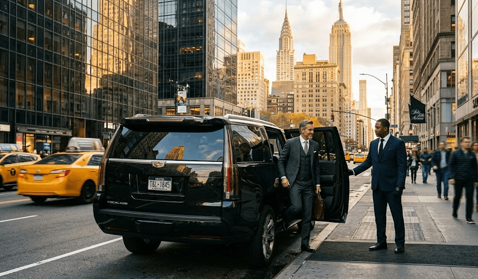 A full, frontal view of a luxurious black Cadillac Escalade luxury SUV parked at the curb of a busy, wide street canyon in Midtown Manhattan, New York City, during the golden hour just before sunset. The car occupies the left side of the frame, with a bright yellow NYC taxi cab driving past it in the foreground. On the sidewalk to the right of the car, a middle-aged, Caucasian man in a grey three-piece suit is stepping out from the open rear passenger door of the Escalade, smiling. He is being met by a younger, Black chauffeur in a dark navy suit and gloves