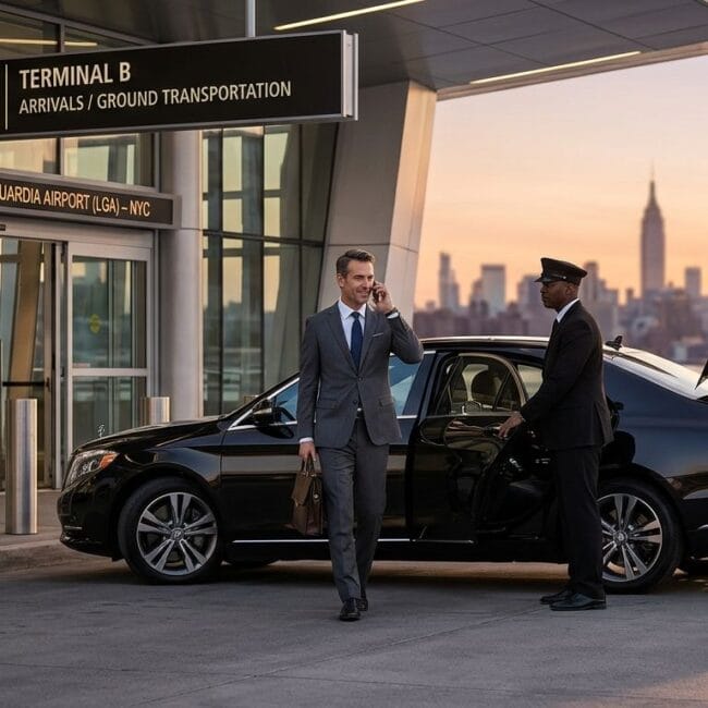 A well-dressed businessman talks on his phone as he walks towards a black luxury car outside of an airport. A chauffeur is holding open the back passenger door of the sedan, while a porter places the man's luggage in the trunk. The airport terminal's entrance and the skyline are visible in the background.