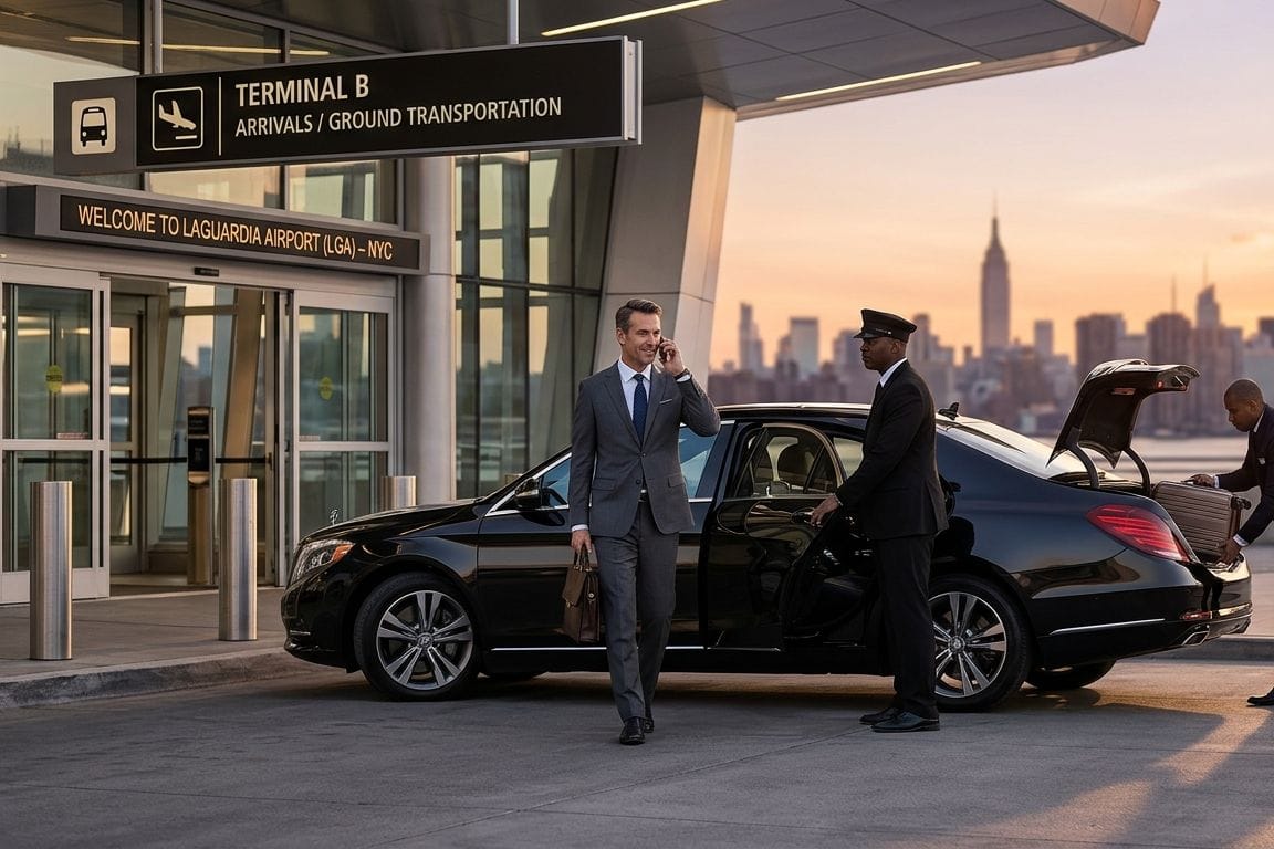 A well-dressed businessman talks on his phone as he walks towards a black luxury car outside of an airport. A chauffeur is holding open the back passenger door of the sedan, while a porter places the man's luggage in the trunk. The airport terminal's entrance and the skyline are visible in the background.