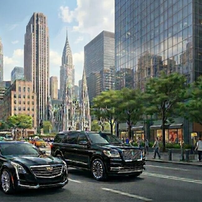 A modern photo of black luxury cars on a street in Midtown Manhattan, with iconic skyscrapers, such as the Empire State Building and the Chrysler Building, and St. Patrick's Cathedral.