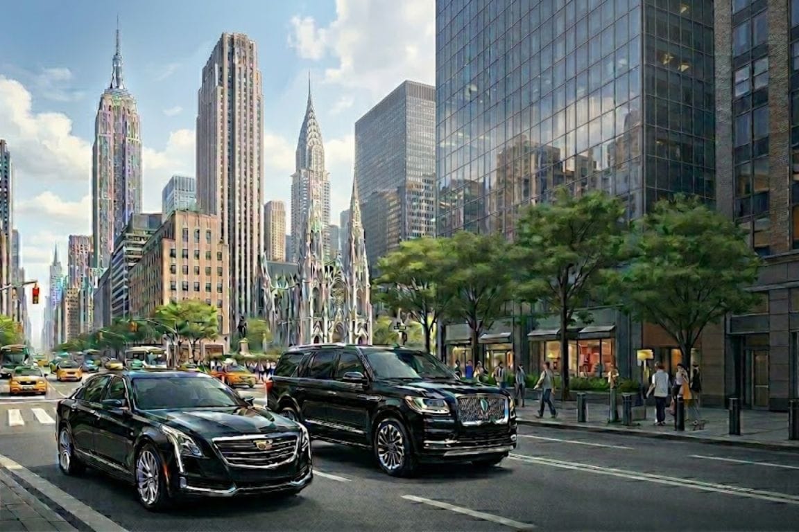 A modern photo of black luxury cars on a street in Midtown Manhattan, with iconic skyscrapers, such as the Empire State Building and the Chrysler Building, and St. Patrick's Cathedral.