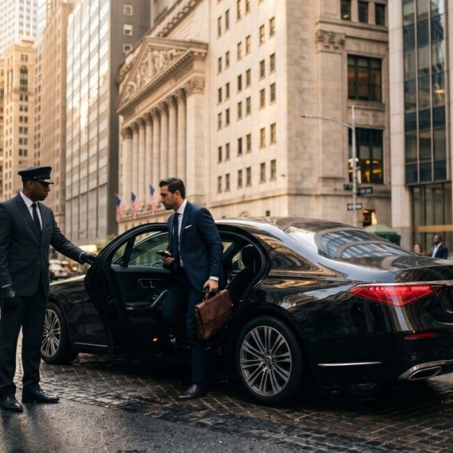 A low-angle, wide shot of a luxury black executive sedan parked on a wet, cobblestone street on Wall Street in New York City during twilight. A professional chauffeur in a dark suit and cap stands by the open driver-side door. In the background, towering, historic stone skyscrapers line the narrow street, with the lit windows of a bank and faint reflections gleaming on the damp pavement. A businessman carrying a briefcase walks on the sidewalk in the distance under a cool, blue-toned evening sky.