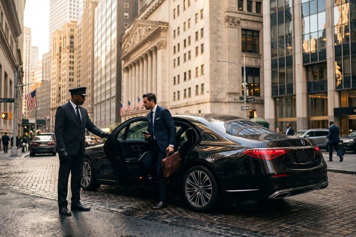 A low-angle, wide shot of a luxury black executive sedan parked on a wet, cobblestone street on Wall Street in New York City during twilight. A professional chauffeur in a dark suit and cap stands by the open driver-side door. In the background, towering, historic stone skyscrapers line the narrow street, with the lit windows of a bank and faint reflections gleaming on the damp pavement. A businessman carrying a briefcase walks on the sidewalk in the distance under a cool, blue-toned evening sky.