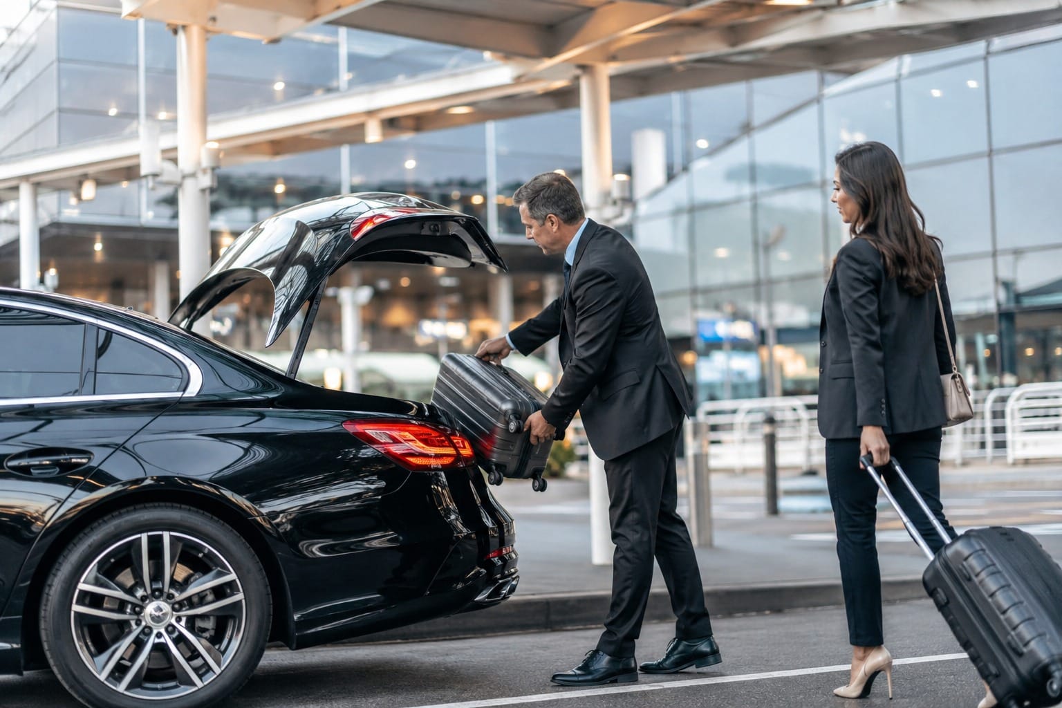 a professional chauffeur in a black suit loads a suitcase into the trunk of a luxury black car outside an airport terminal while a businesswoman stands nearby with her rolling luggage.
