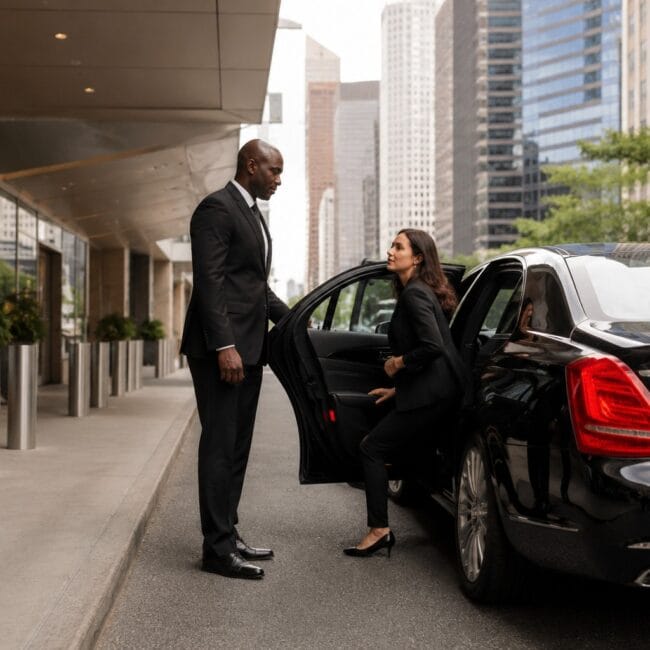 A professional chauffeur in a suit holds open the door of a black luxury sedan for a businesswoman stepping into the vehicle outside a city building.