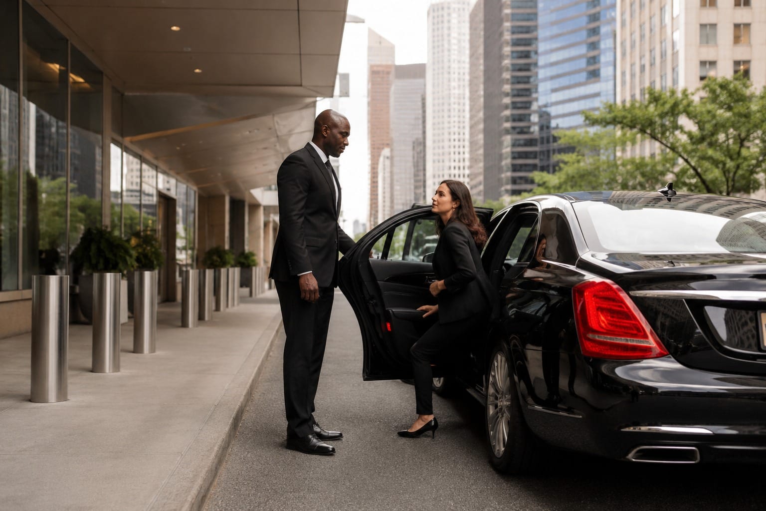 A professional chauffeur in a suit holds open the door of a black luxury sedan for a businesswoman stepping into the vehicle outside a city building.