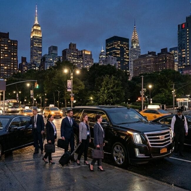 A street-level, low-angle photograph in Manhattan, New York City, during dusk, showing a black Cadillac Escalade sedan-style taxi at a curb on the left, with the door open. A chauffeur in a dark suit, tie, and peaked cap stands by the open door, helping a man in a black suit with a rolling suitcase and a woman in a grey suit and a briefcase into the taxi. Three other passengers in suits stand nearby with luggage. The street is busy with people, yellow cabs, and traffic. Illuminated skyscrapers, including the Empire State Building and Chrysler Building, dominate the background.