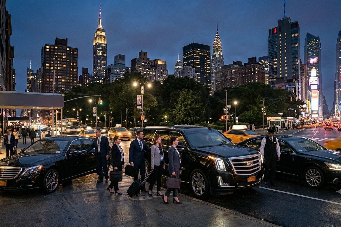 A street-level, low-angle photograph in Manhattan, New York City, during dusk, showing a black Cadillac Escalade sedan-style taxi at a curb on the left, with the door open. A chauffeur in a dark suit, tie, and peaked cap stands by the open door, helping a man in a black suit with a rolling suitcase and a woman in a grey suit and a briefcase into the taxi. Three other passengers in suits stand nearby with luggage. The street is busy with people, yellow cabs, and traffic. Illuminated skyscrapers, including the Empire State Building and Chrysler Building, dominate the background.