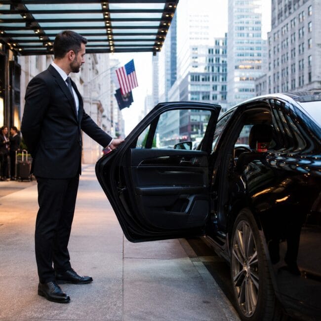 A professional chauffeur in a black suit holding open the rear passenger door of a glossy black luxury sedan parked outside an upscale city building.