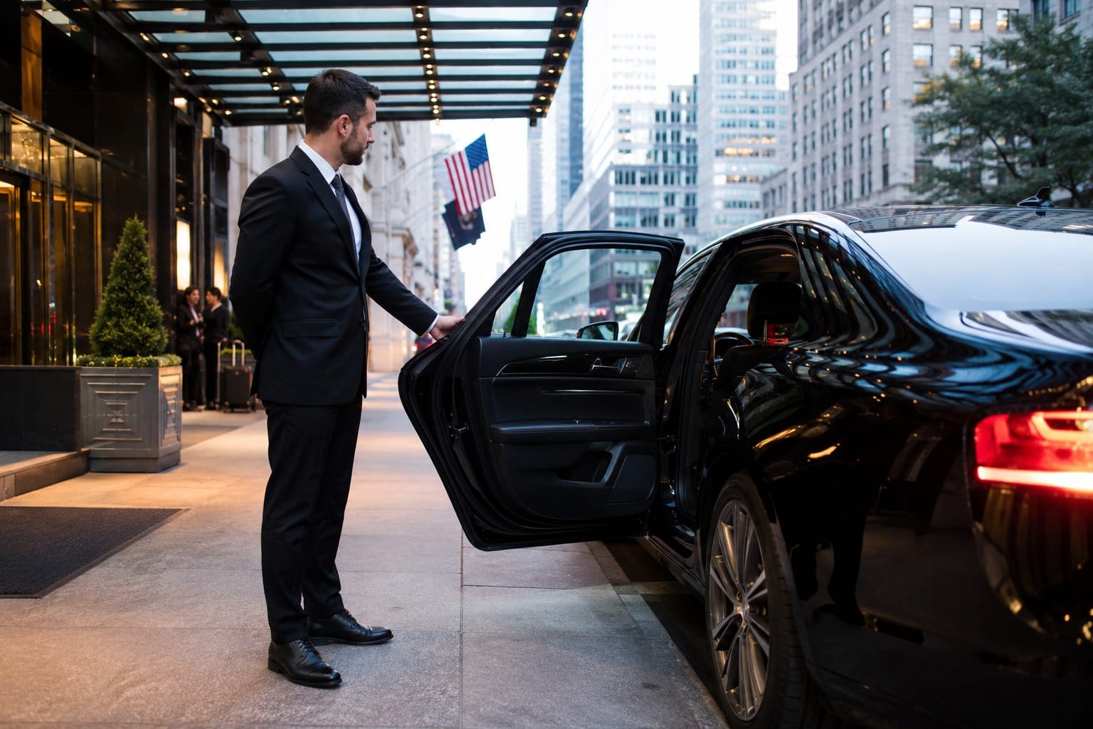 A professional chauffeur in a black suit holding open the rear passenger door of a glossy black luxury sedan parked outside an upscale city building.