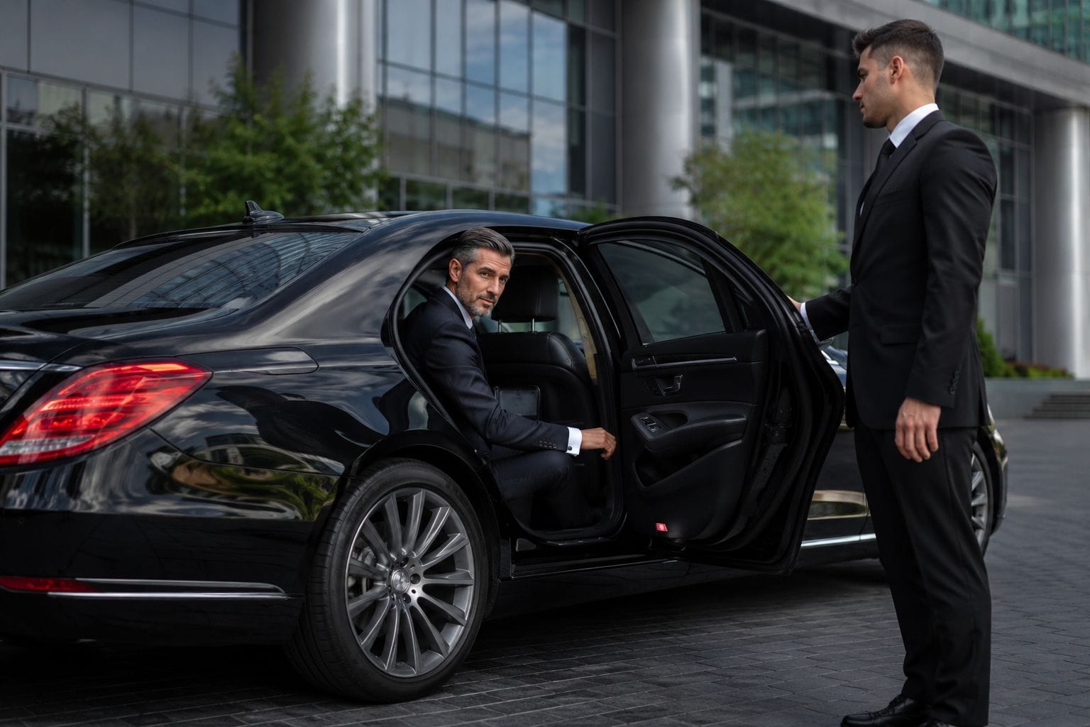 An executive in a suit looks out from the backseat of a luxury black sedan while a chauffeur in a black suit holds the door open outside a modern office building.