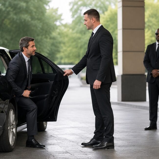 A professional driver in a black suit opens the rear door of a luxury black car for a businessman stepping out, while a security guard stands in the background.