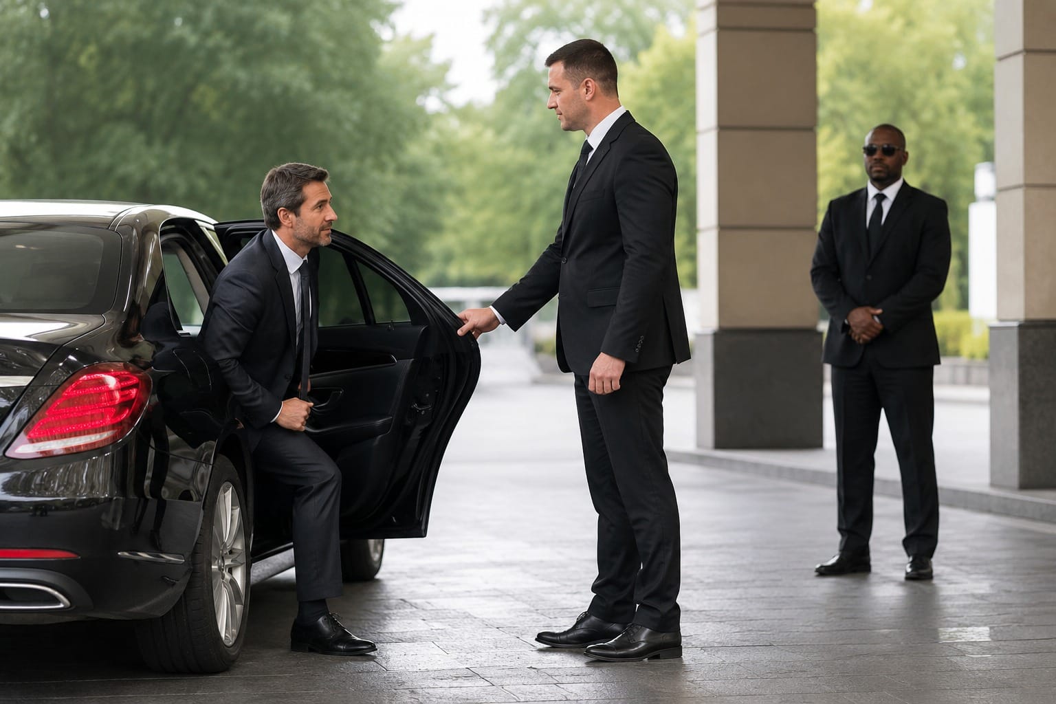 A professional driver in a black suit opens the rear door of a luxury black car for a businessman stepping out, while a security guard stands in the background.