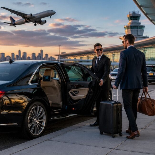A professional chauffeur opens the door of a luxury black sedan for a businessman walking with his luggage at an airport terminal curbside, with a departing airplane and a city skyline visible in the background at sunset.