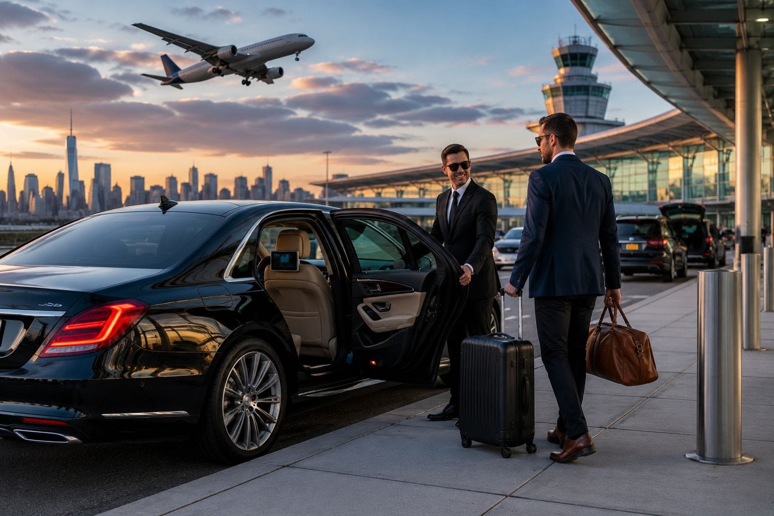 A professional chauffeur opens the door of a luxury black sedan for a businessman walking with his luggage at an airport terminal curbside, with a departing airplane and a city skyline visible in the background at sunset.