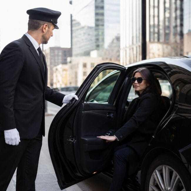 A uniform chauffeur holding open the door of a black luxury car for a woman wearing sunglasses on a city street.