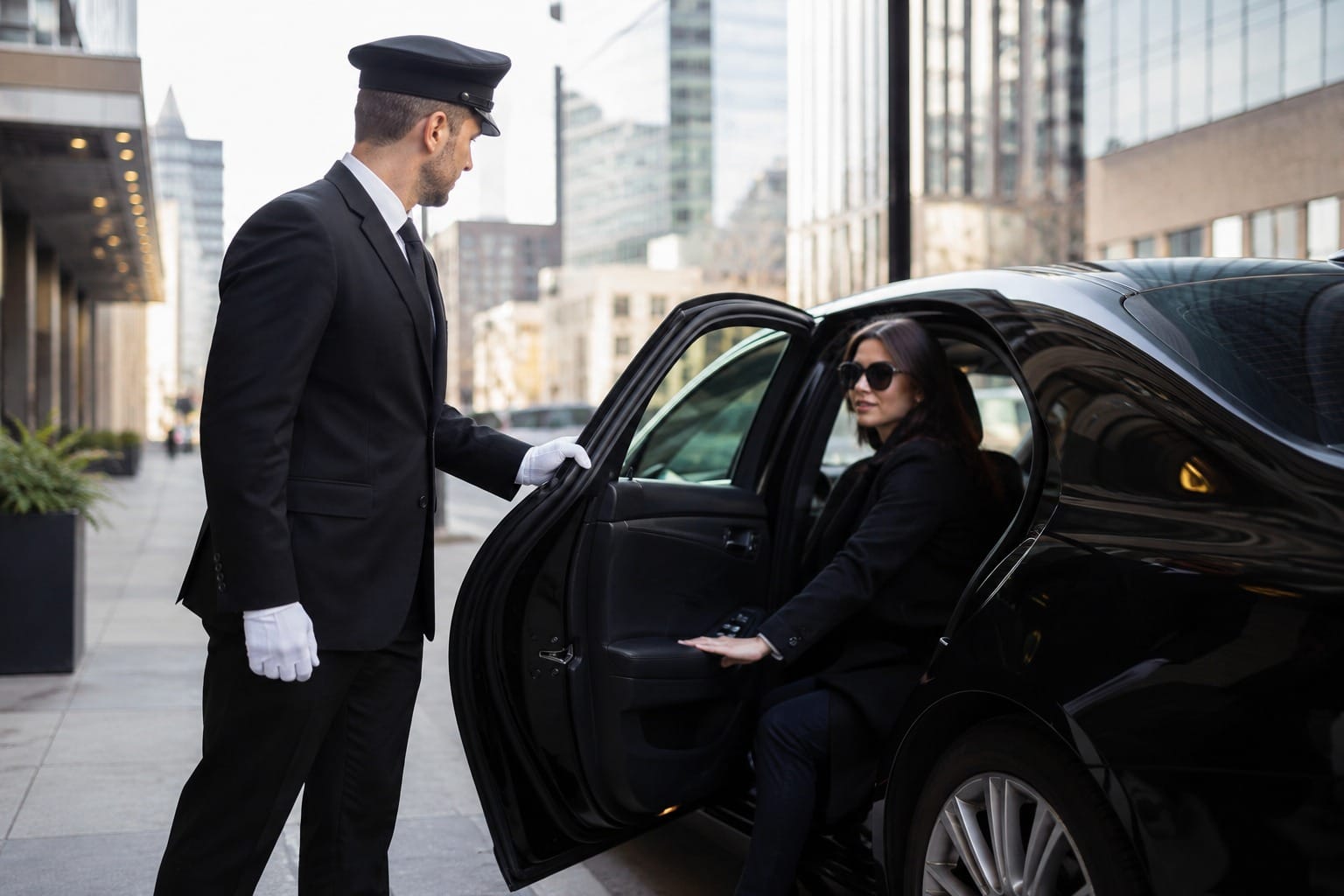 A uniform chauffeur holding open the door of a black luxury car for a woman wearing sunglasses on a city street.