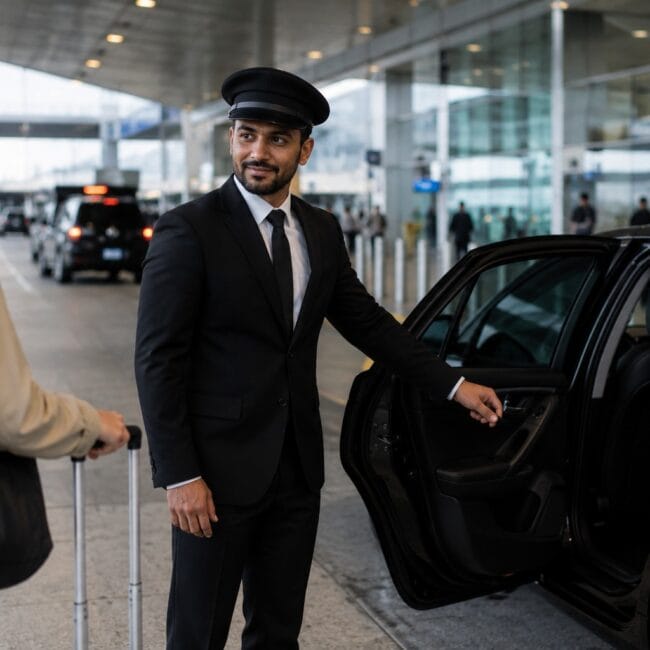 A professional chauffeur in a black suit and peaked cap opening a car door for a passenger with luggage outside an airport terminal.
