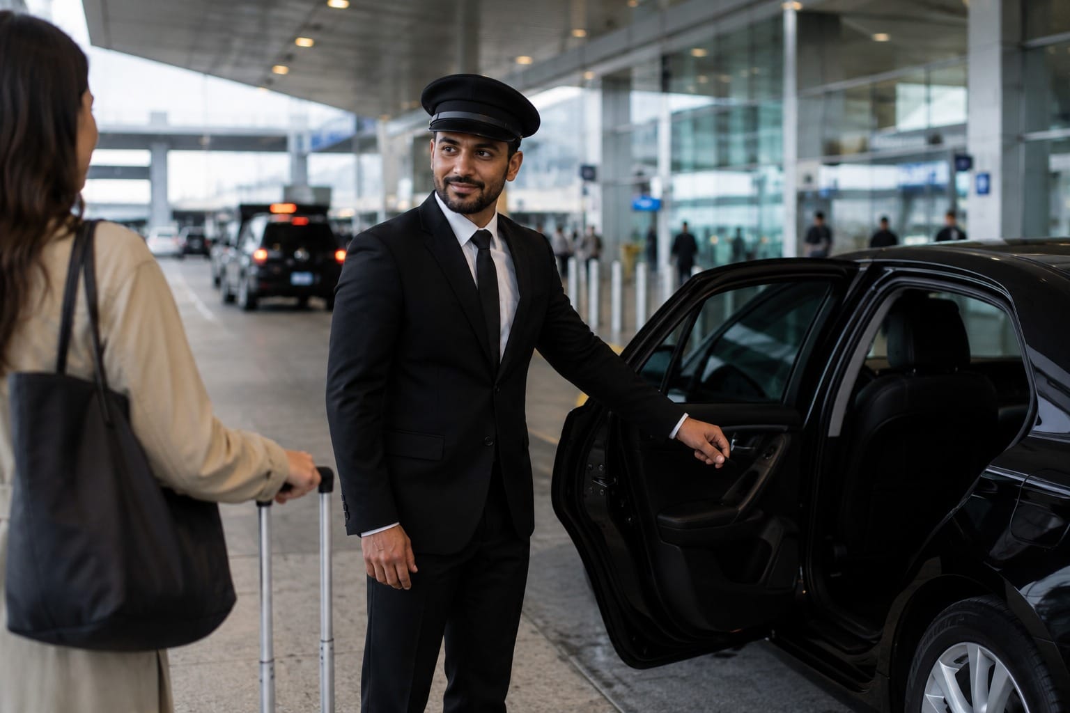 A professional chauffeur in a black suit and peaked cap opening a car door for a passenger with luggage outside an airport terminal.