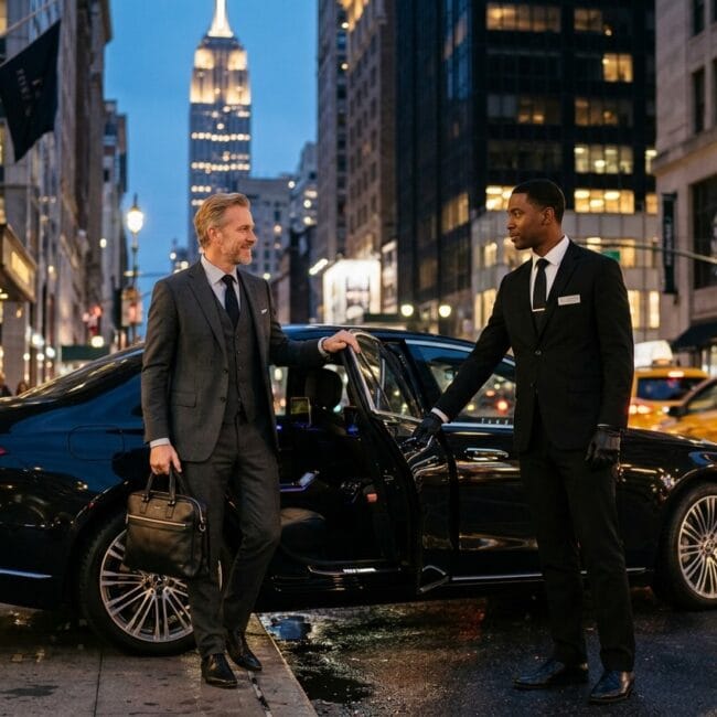 a professional chauffeur in a black suit holds open the door of a luxury black sedan for a businessman on a city street, with the peninsula hotel and the empire state building visible in the background.