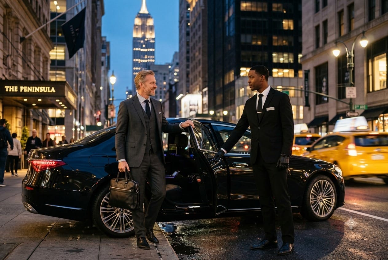 a professional chauffeur in a black suit holds open the door of a luxury black sedan for a businessman on a city street, with the peninsula hotel and the empire state building visible in the background.