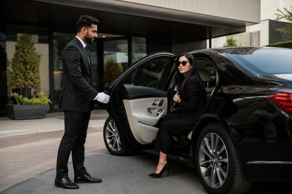 a professional chauffeur in a suit and white gloves holding open the door of a black luxury car for a woman in sunglasses.