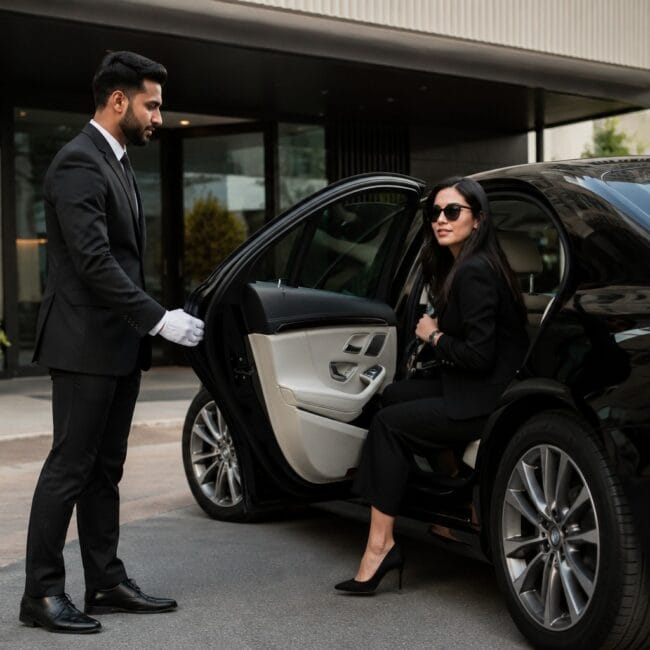 a professional chauffeur in a suit and white gloves holding open the door of a black luxury car for a woman in sunglasses.
