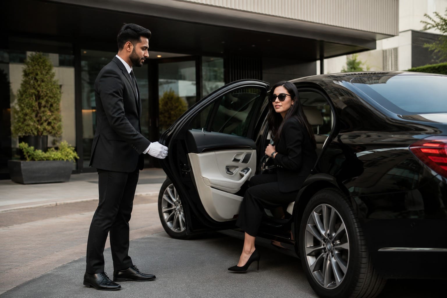 a professional chauffeur in a suit and white gloves holding open the door of a black luxury car for a woman in sunglasses.