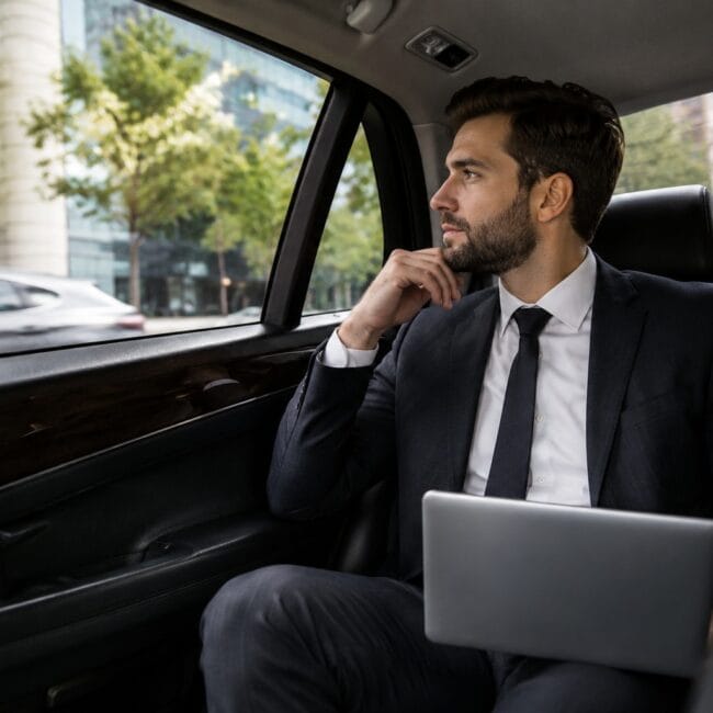 A businessman sitting in the back seat of a luxury car with a laptop, looking out the window during a commute.