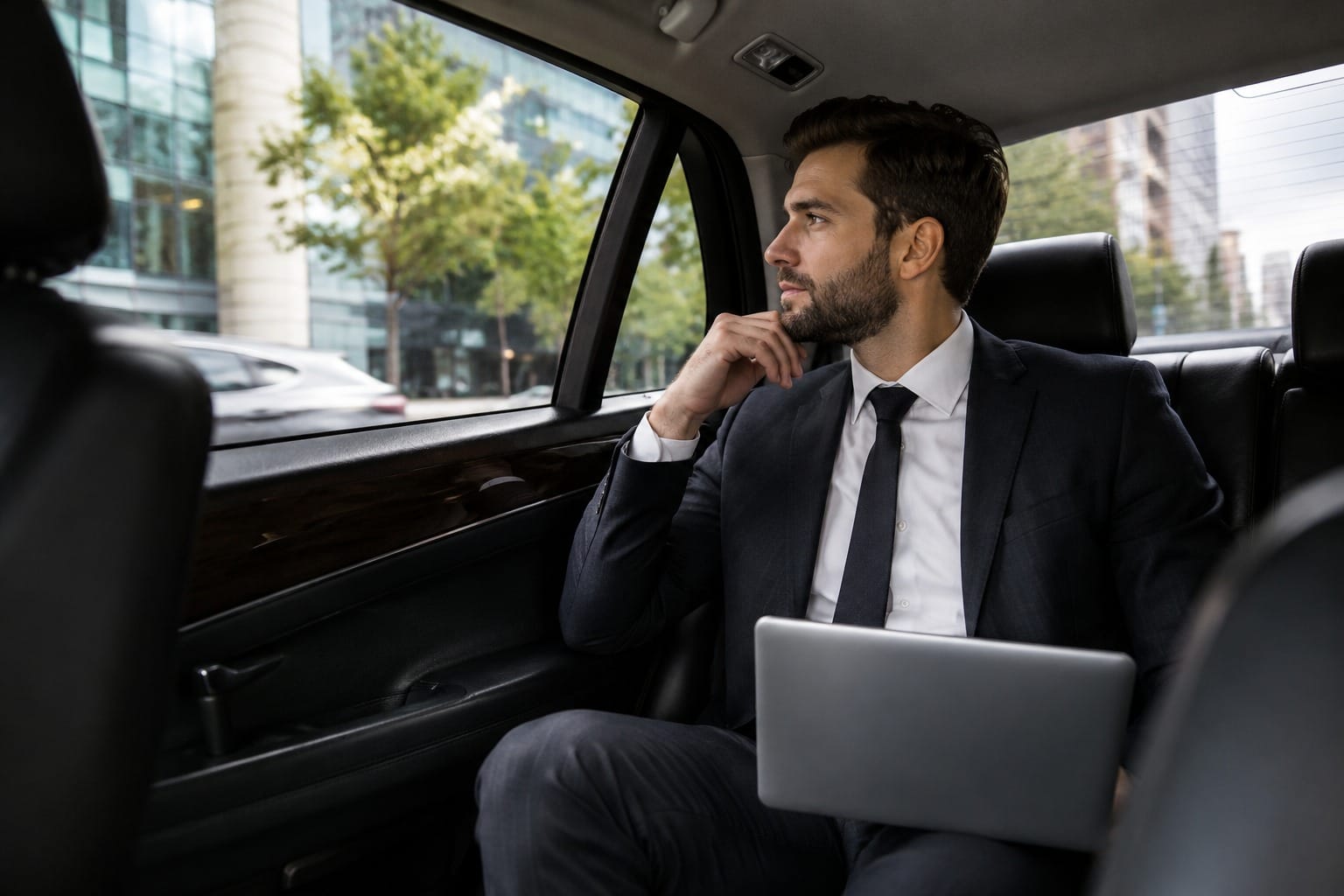 A businessman sitting in the back seat of a luxury car with a laptop, looking out the window during a commute.