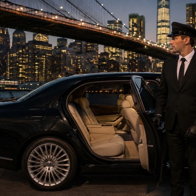 A professional chauffeur in a black suit and cap stands next to the open rear door of a luxury black sedan, with the illuminated New York City skyline and Brooklyn Bridge visible in the background at night.
