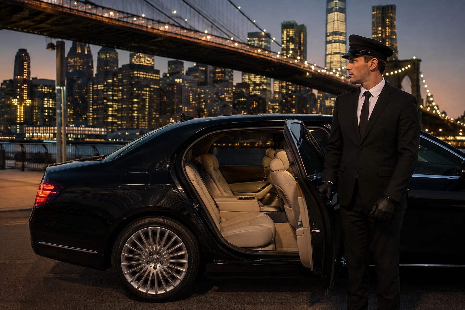 A professional chauffeur in a black suit and cap stands next to the open rear door of a luxury black sedan, with the illuminated New York City skyline and Brooklyn Bridge visible in the background at night.