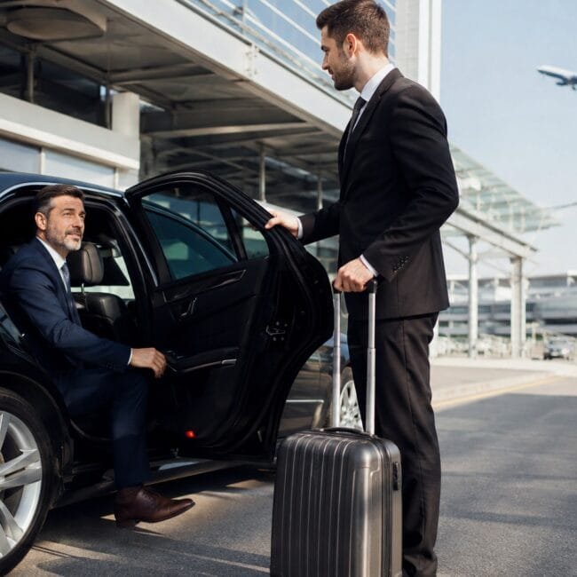 A professional chauffeur holding open the door of a black luxury car and carrying luggage for a businessman at an airport terminal.