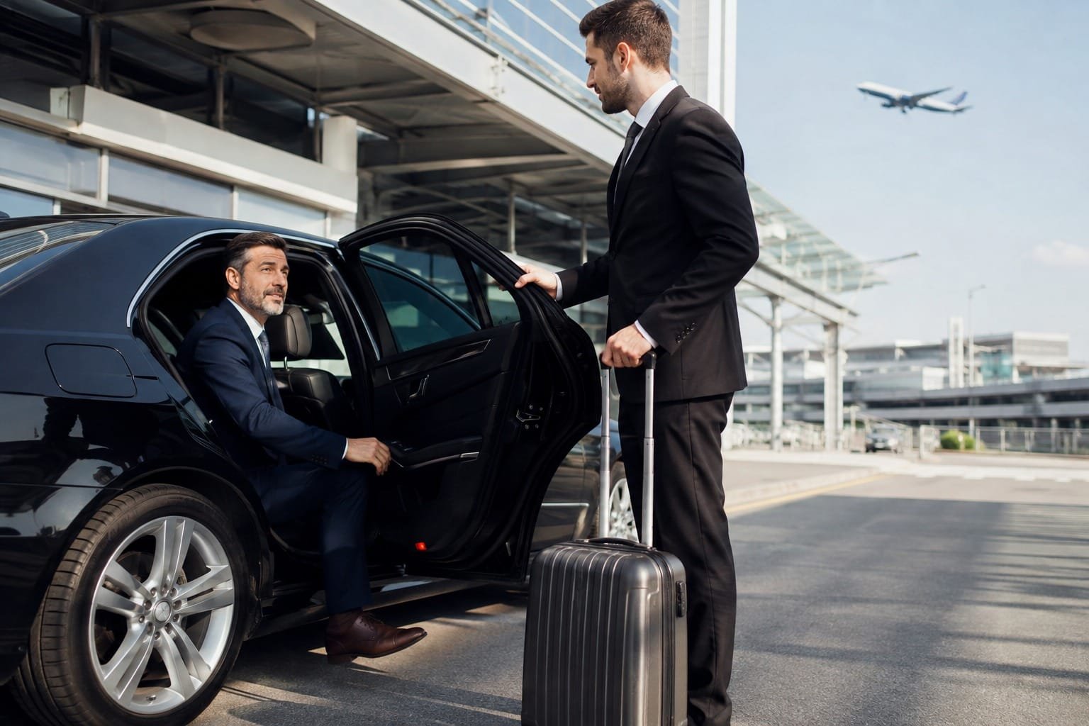 A professional chauffeur holding open the door of a black luxury car and carrying luggage for a businessman at an airport terminal.