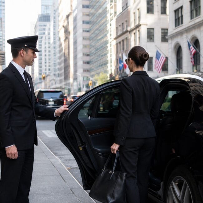 A professional chauffeur in a suit and cap holding open the door of a black luxury car for a business woman on a city street.