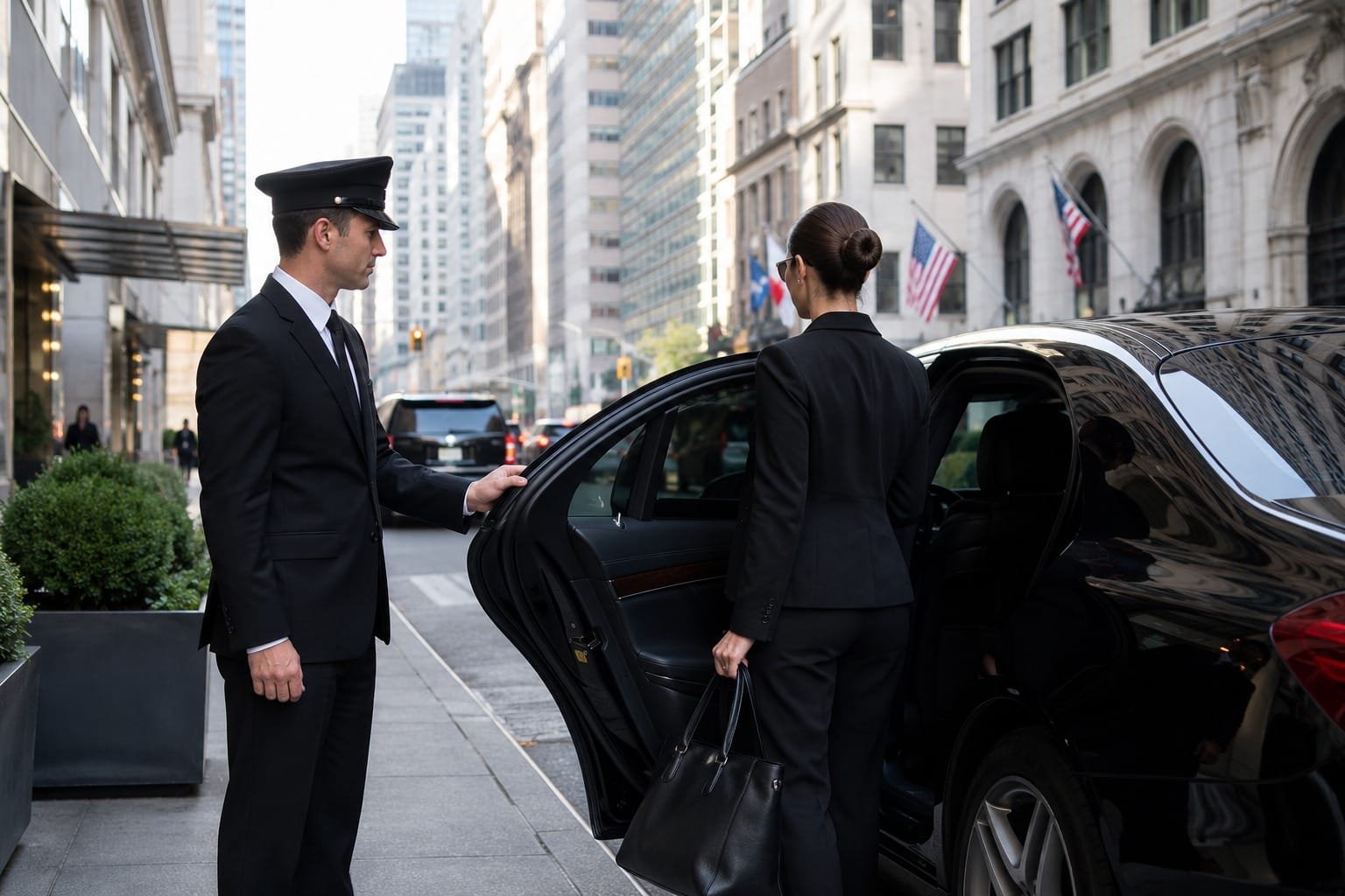 A professional chauffeur in a suit and cap holding open the door of a black luxury car for a business woman on a city street.