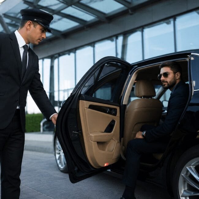 a professional chauffeur in a cap and suit opening the car door for a passenger seated inside a luxury black sedan.