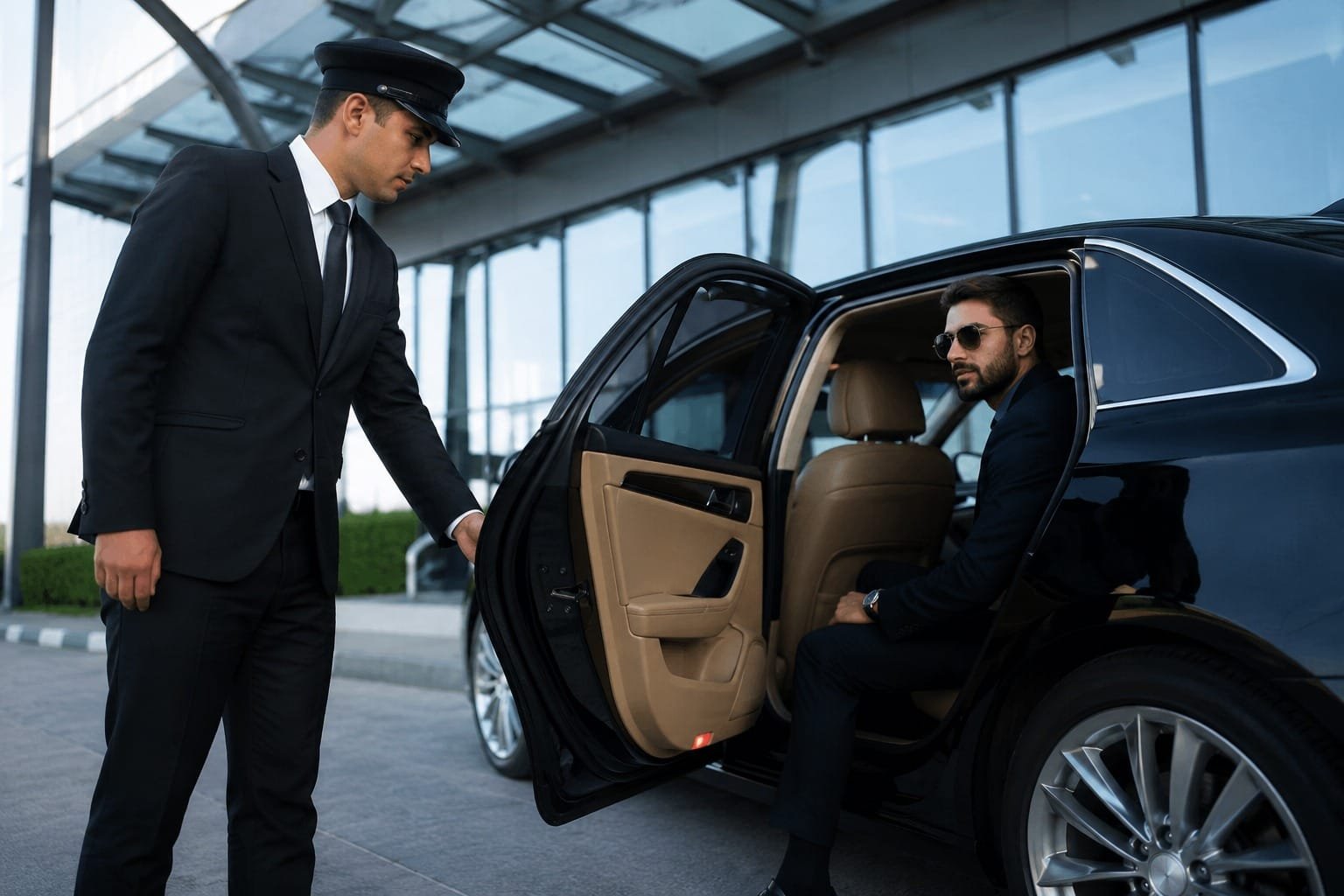 a professional chauffeur in a cap and suit opening the car door for a passenger seated inside a luxury black sedan.