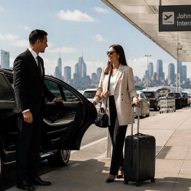 A professional chauffeur opening the door of a black luxury car for a traveler with a suitcase outside John F. Kennedy International Airport.
