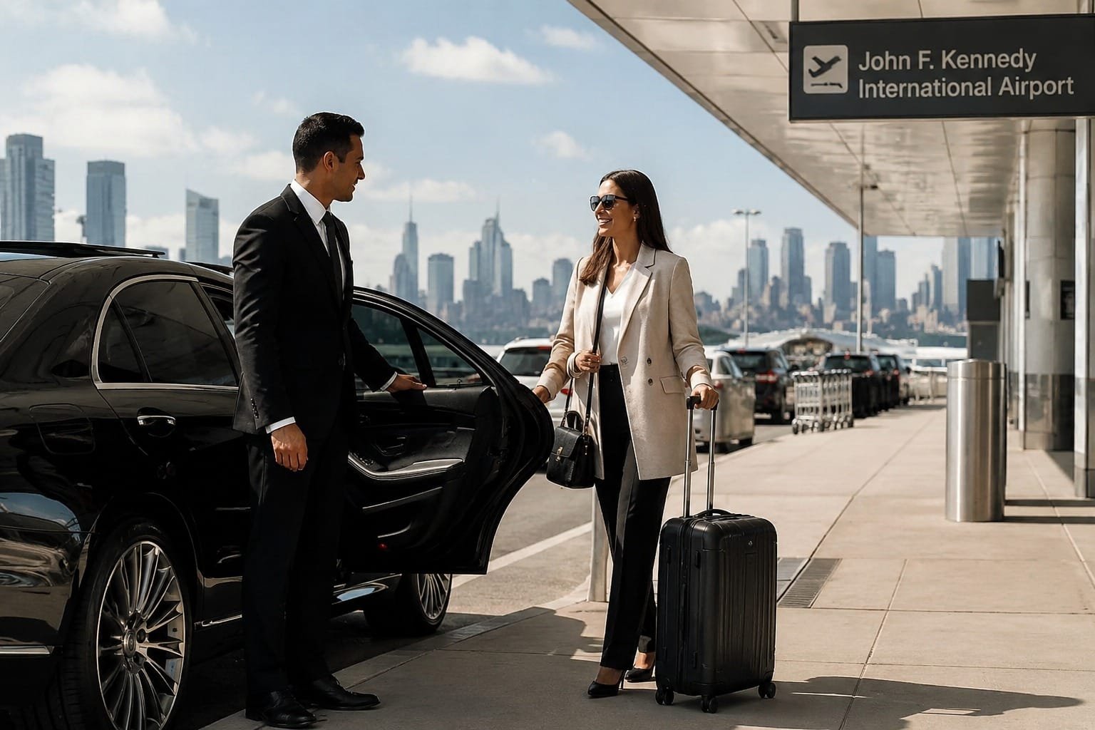 A professional chauffeur opening the door of a black luxury car for a traveler with a suitcase outside John F. Kennedy International Airport.