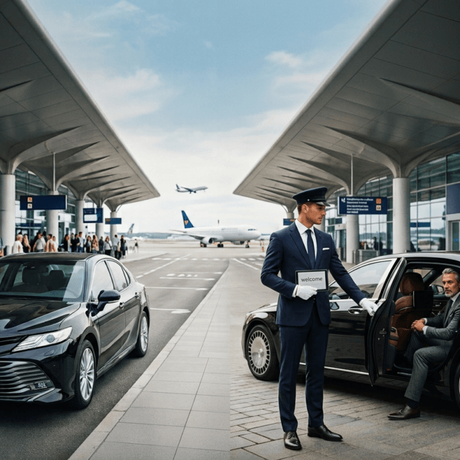 Side-by-side comparison of a standard airport car service sedan next to a luxury chauffeur opening a luxury sedan door for a passenger outside an airport terminal.
