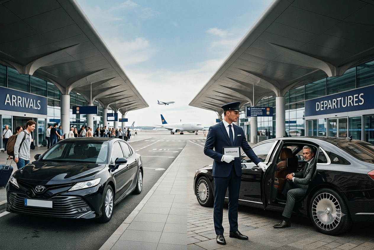Side-by-side comparison of a standard airport car service sedan next to a luxury chauffeur opening a luxury sedan door for a passenger outside an airport terminal.