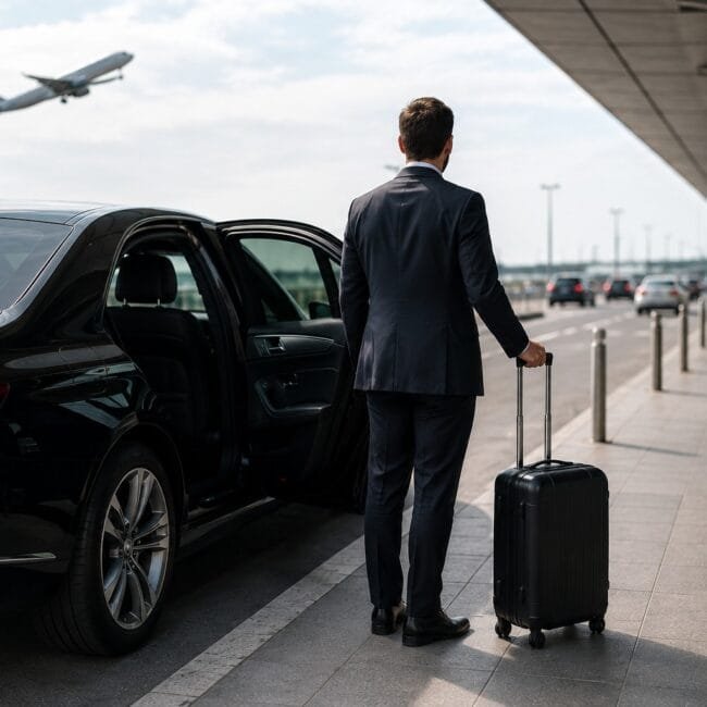 A businessman with a rolling suitcase standing beside a luxury black car with an open door outside an airport terminal as an airplane takes off.